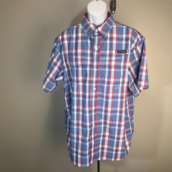 Columbia PFG Men's blue & red PFG loop collar camp fishing shirt Mint Cond L - Picture 2 of 8